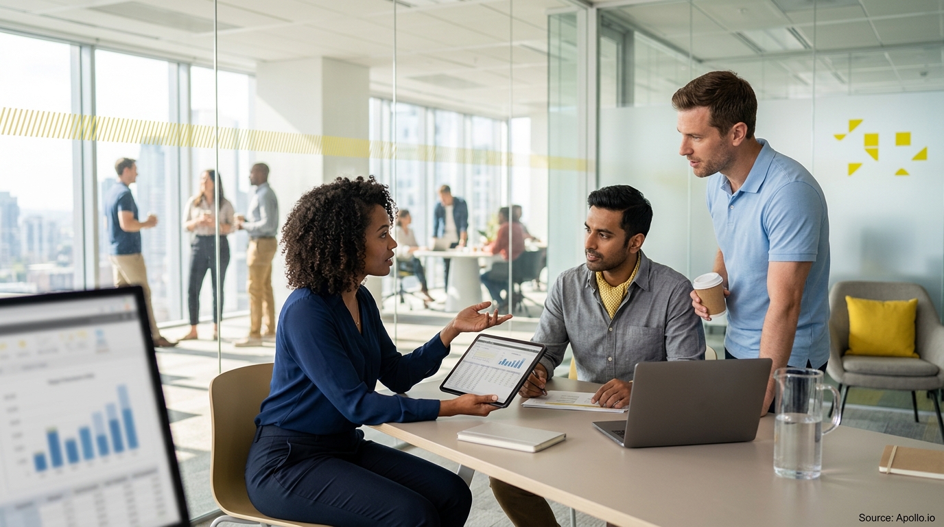 Three professionals collaborate over a tablet and laptop in a bright, modern office with floor-to-ceiling windows.