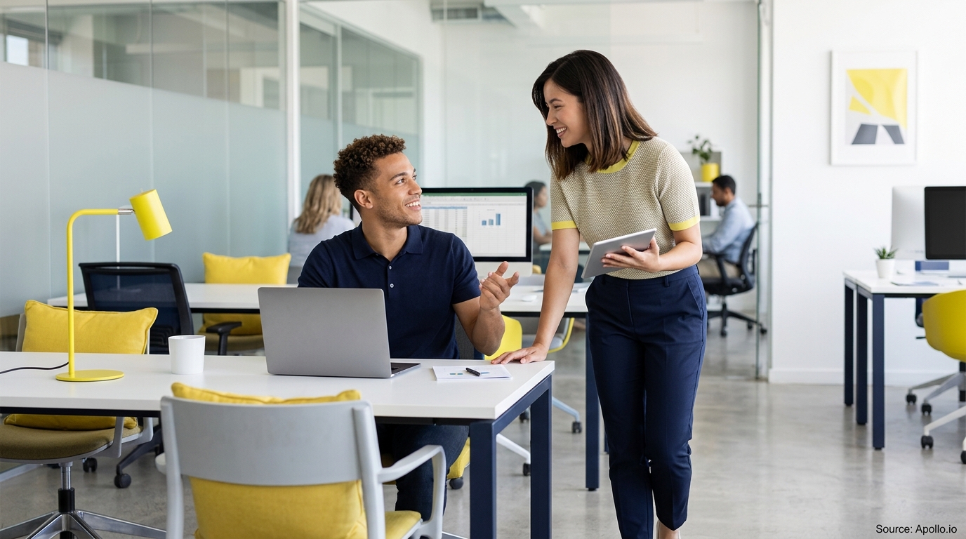 Two professionals collaborate over a laptop and tablet in a bright, modern open-plan office.