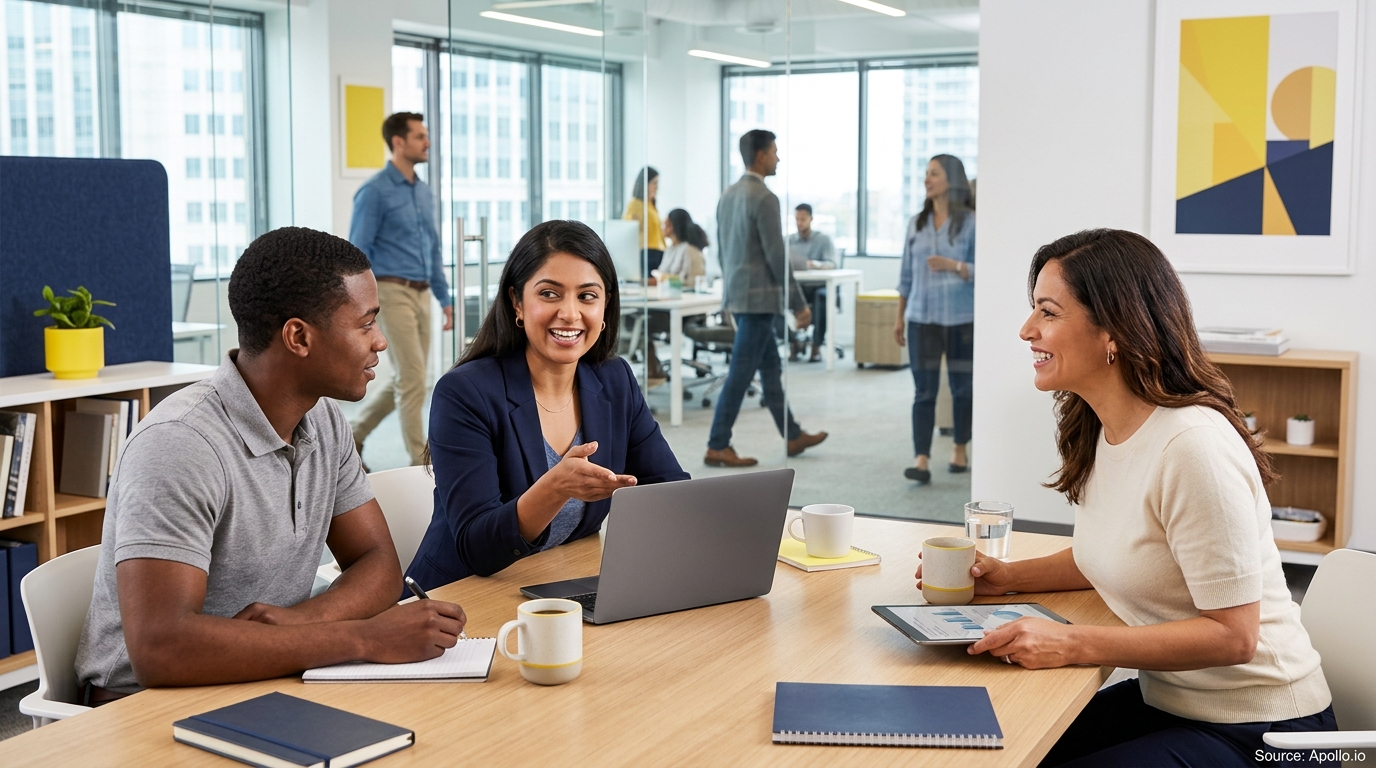 Three colleagues collaborate at a table with digital devices in a busy, modern glass-walled office space.