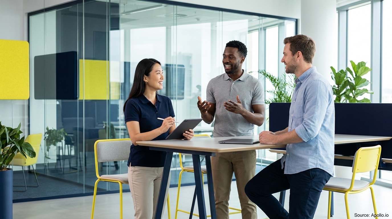 Three professionals collaborate around a high table in a bright, modern office setting.