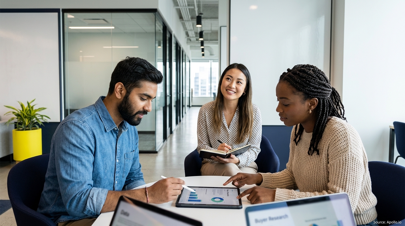 Three professionals collaborate and analyze data on a tablet in a bright, modern office setting.