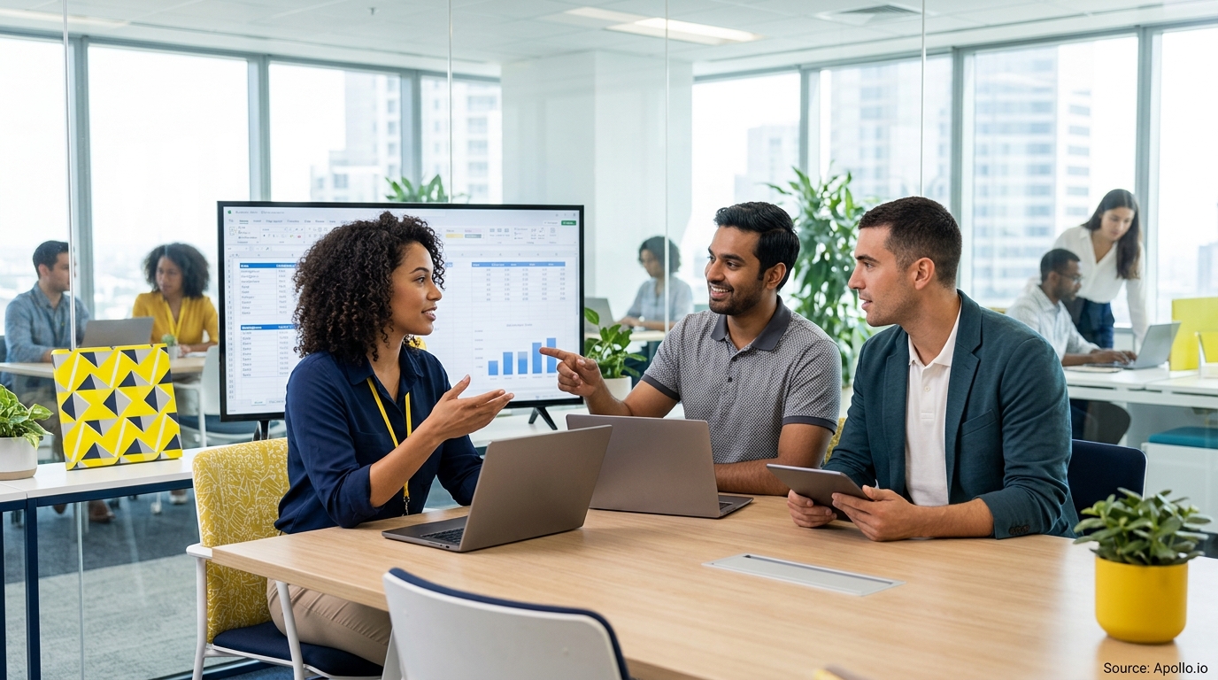 Three professionals collaborate around a table with laptops and tablets in a bright, modern office space.