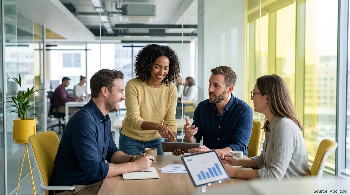 Four professionals collaborate at a table in a modern office, reviewing business data on a tablet and charts.