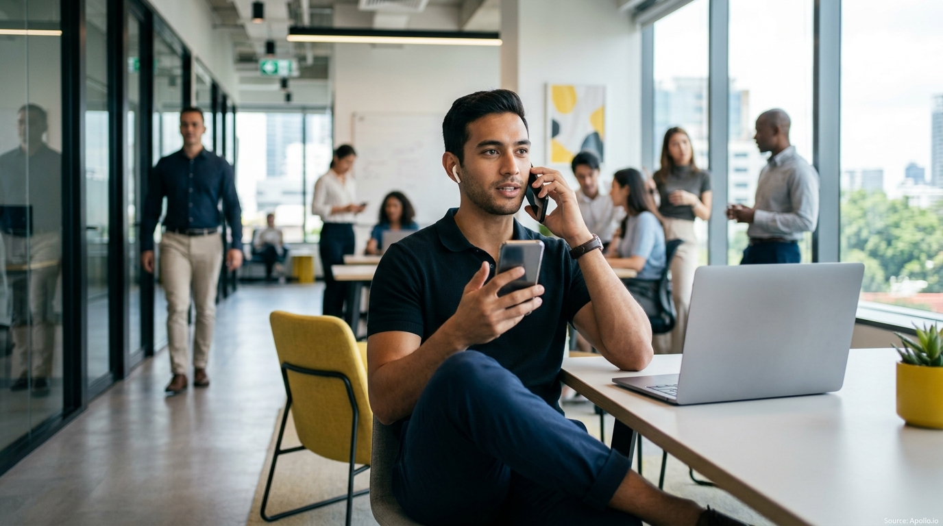 Sales professional making a phone call in a modern office setting