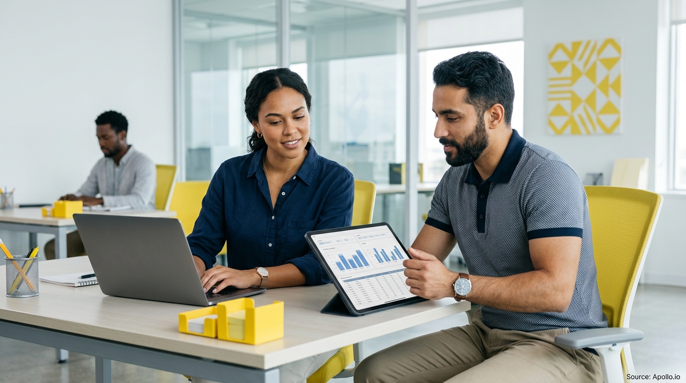 Three professionals review data on a tablet and laptop in a bright, modern office space.