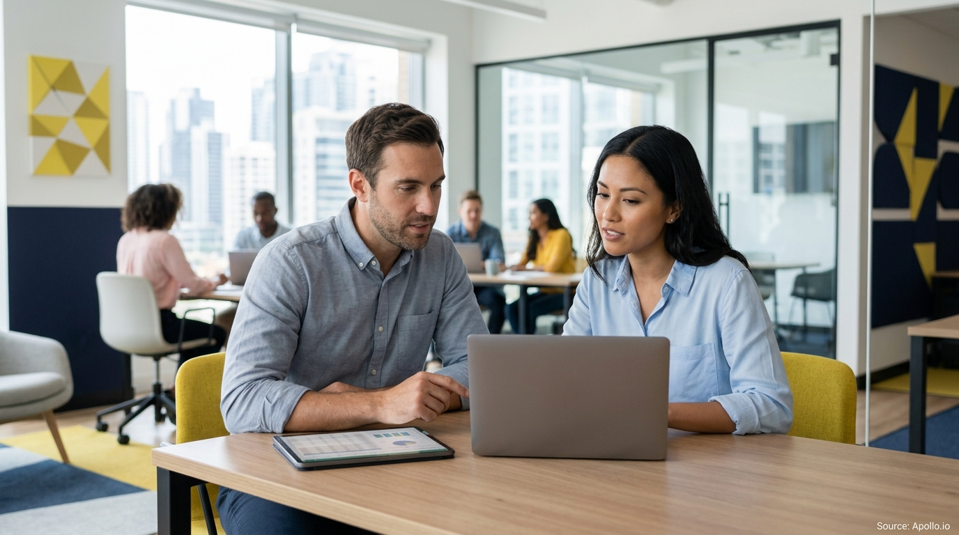 Two professionals collaborate over a laptop and tablet at a desk in a bright, modern office.