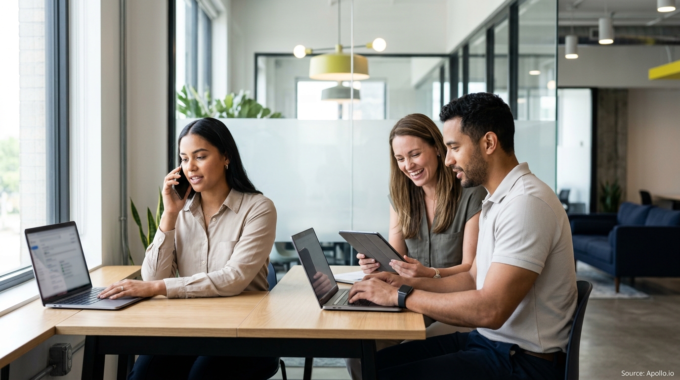Three professionals use laptops and a tablet at a wooden desk in a bright, contemporary office.
