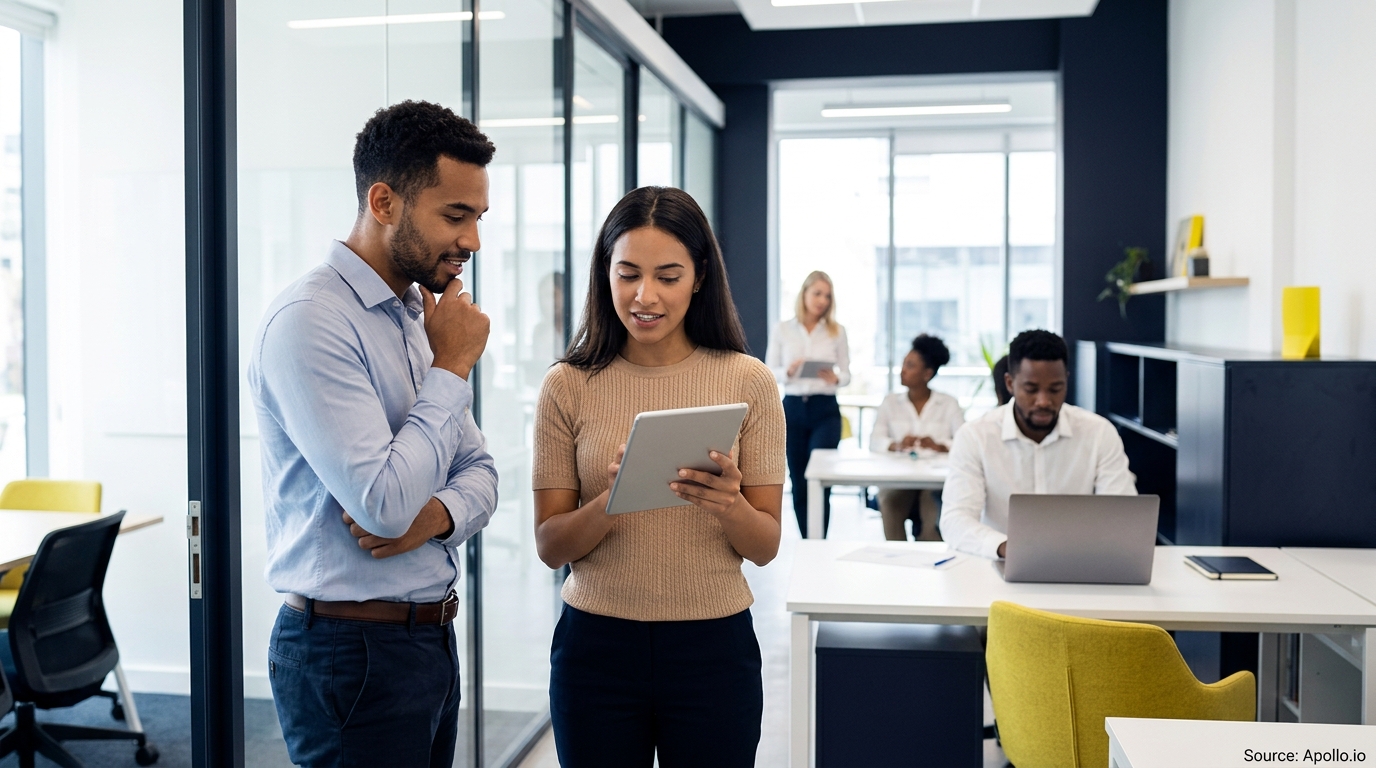 Two professionals review a tablet in a bright, modern office while other colleagues work at their desks.