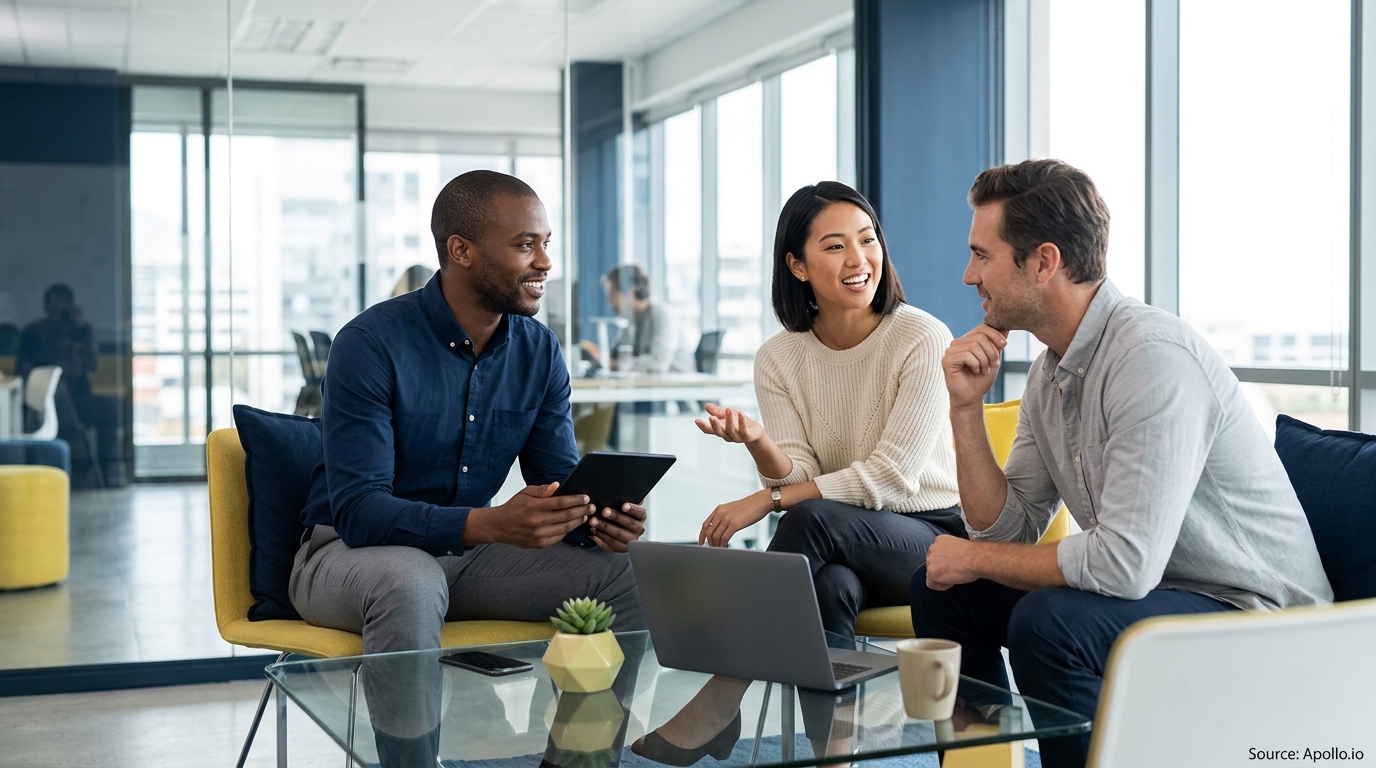 Three diverse professionals collaborate in a modern office lounge using a tablet and laptop.