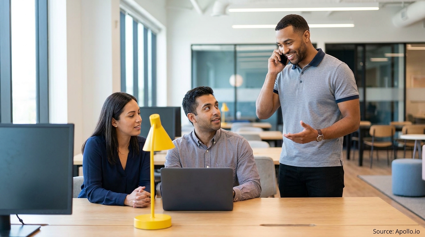 Three professionals at a modern office desk; one smiles while talking on a phone, two observe.