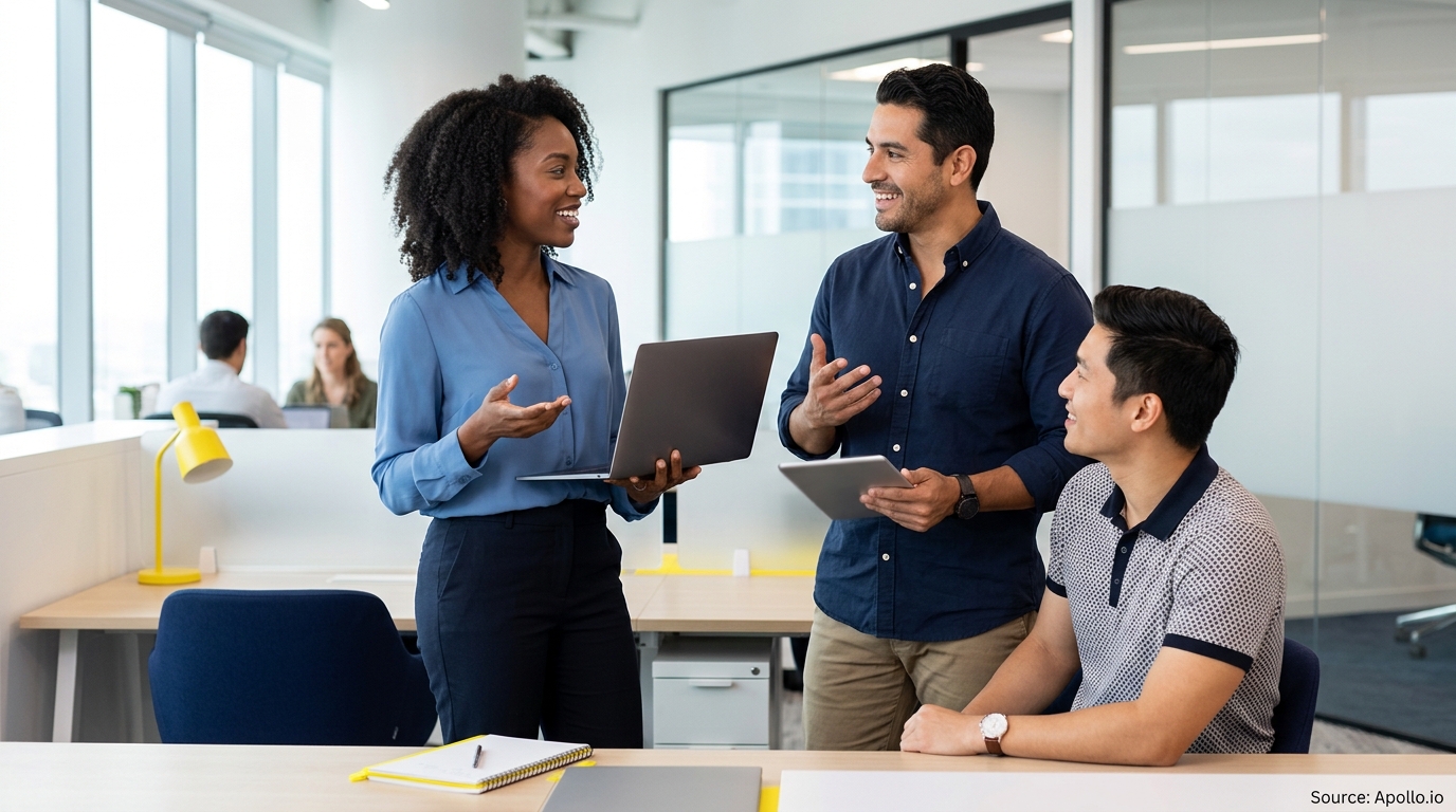 Three diverse professionals smile and collaborate in a bright, modern office using a laptop and tablet.