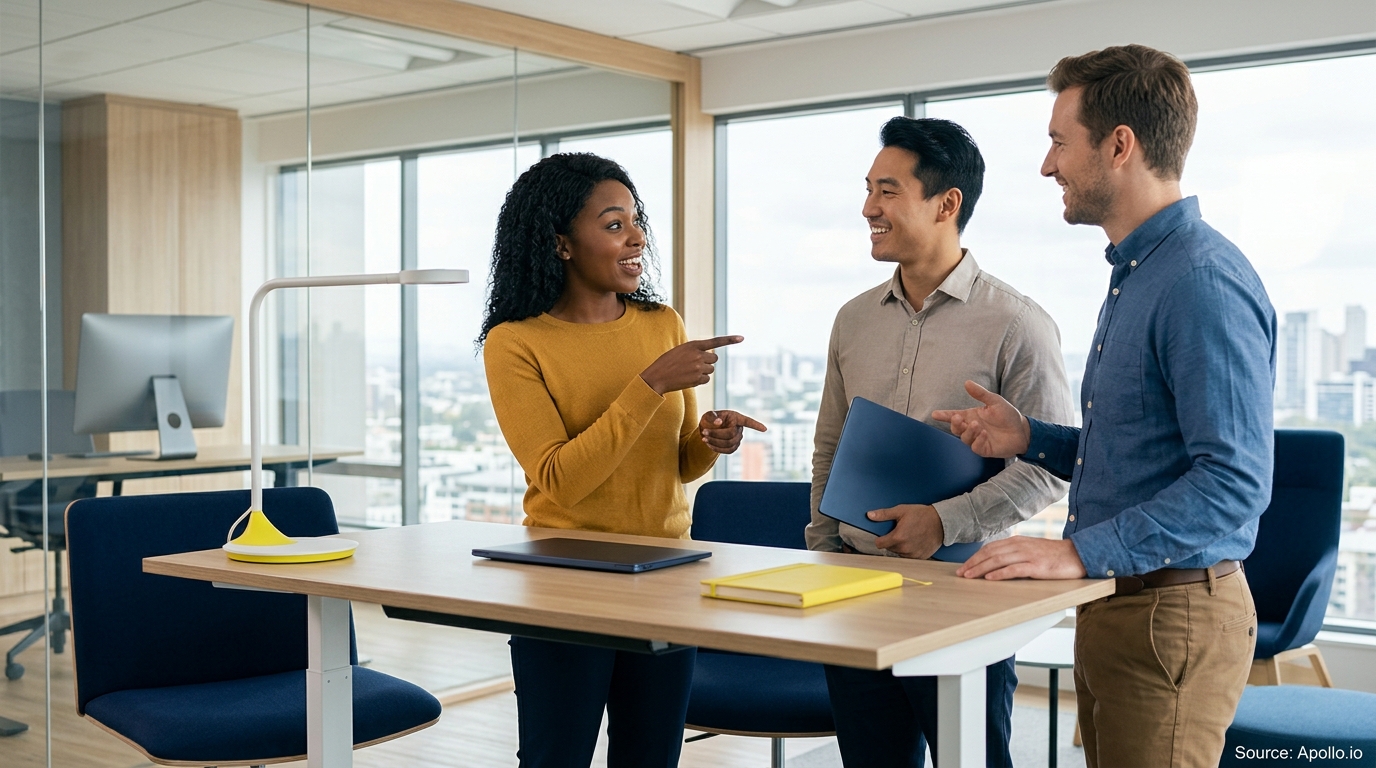 Three professionals talk and smile around a standing desk in a bright, modern office.