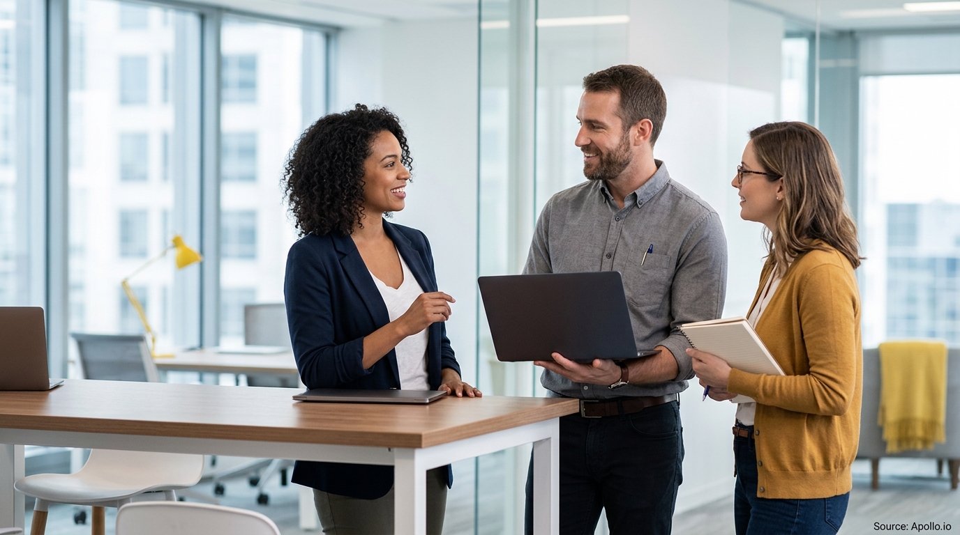 Three professionals collaborate around a high table in a bright, modern office with a laptop and notebook.