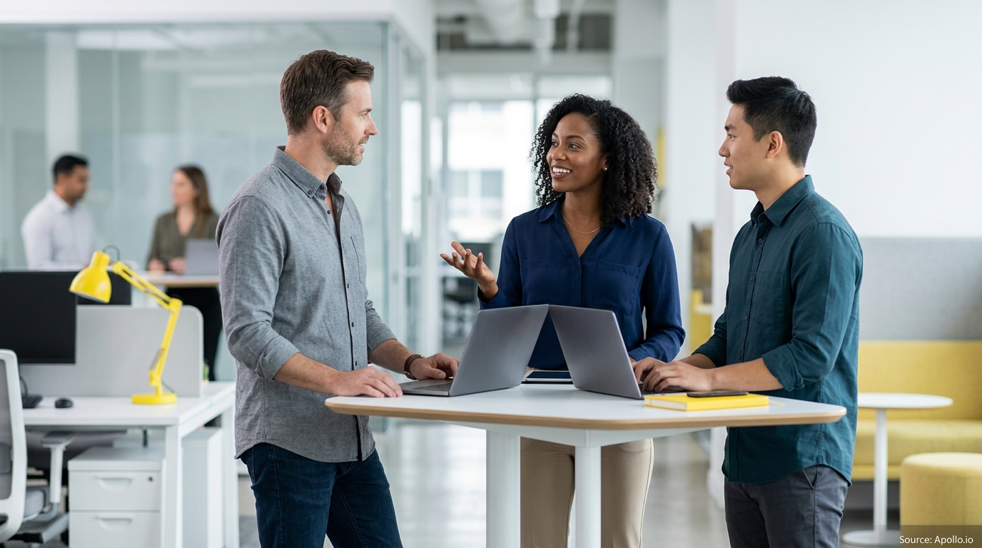 Three professionals collaborate at a high table with laptops in a modern, open-plan office environment.