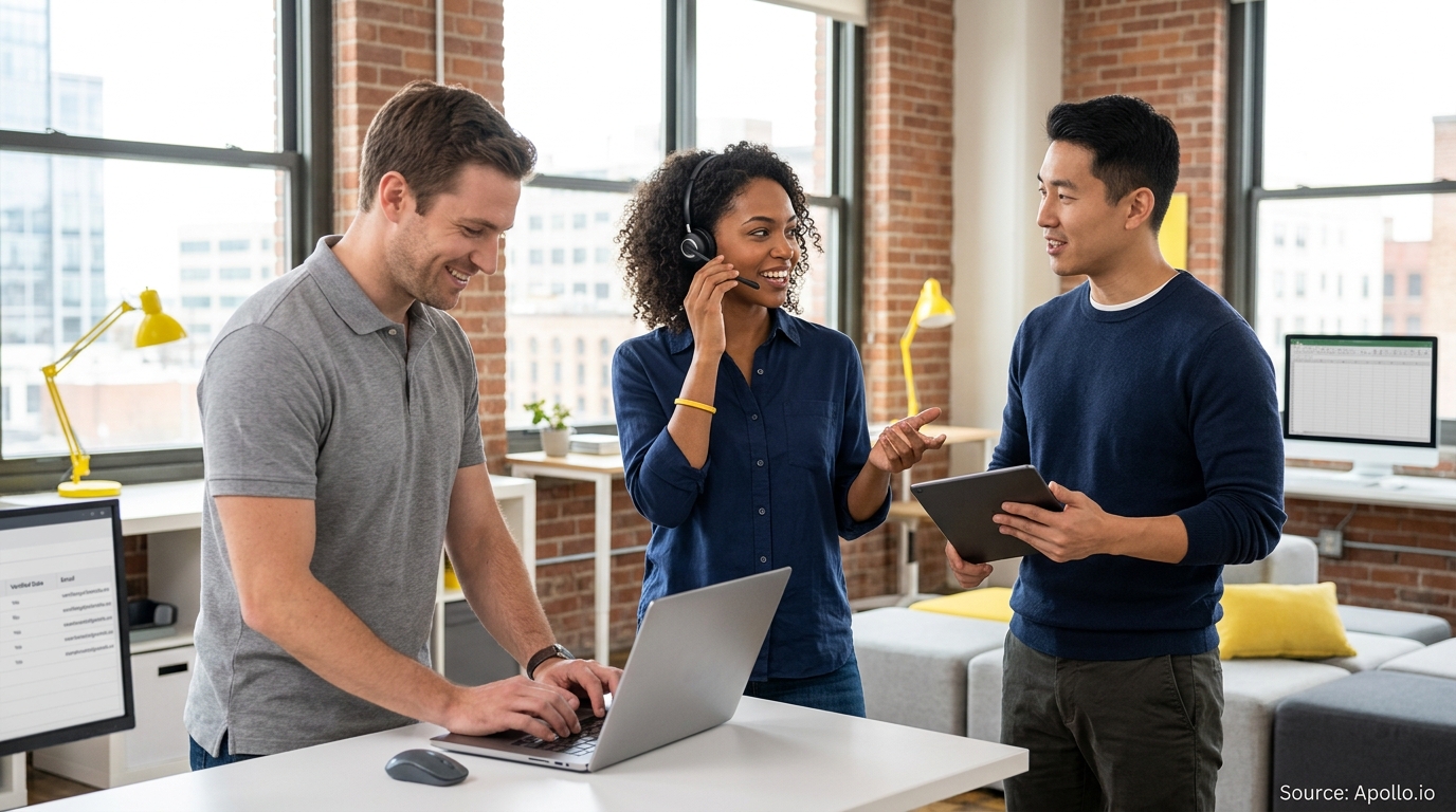 Three professionals collaborate using a laptop, tablet, and headset in a bright, modern brick-walled office.