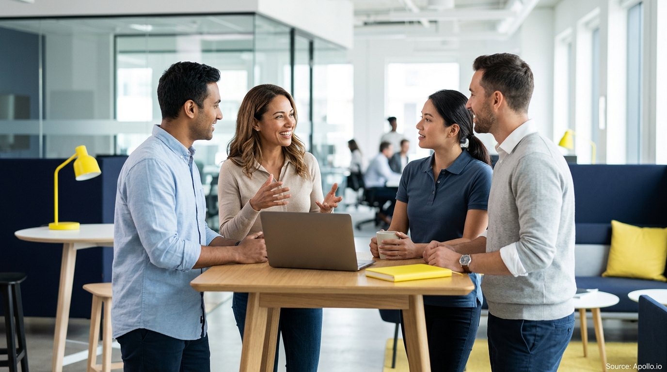 Four diverse professionals collaborate around a laptop at a high table in a bright, modern office.