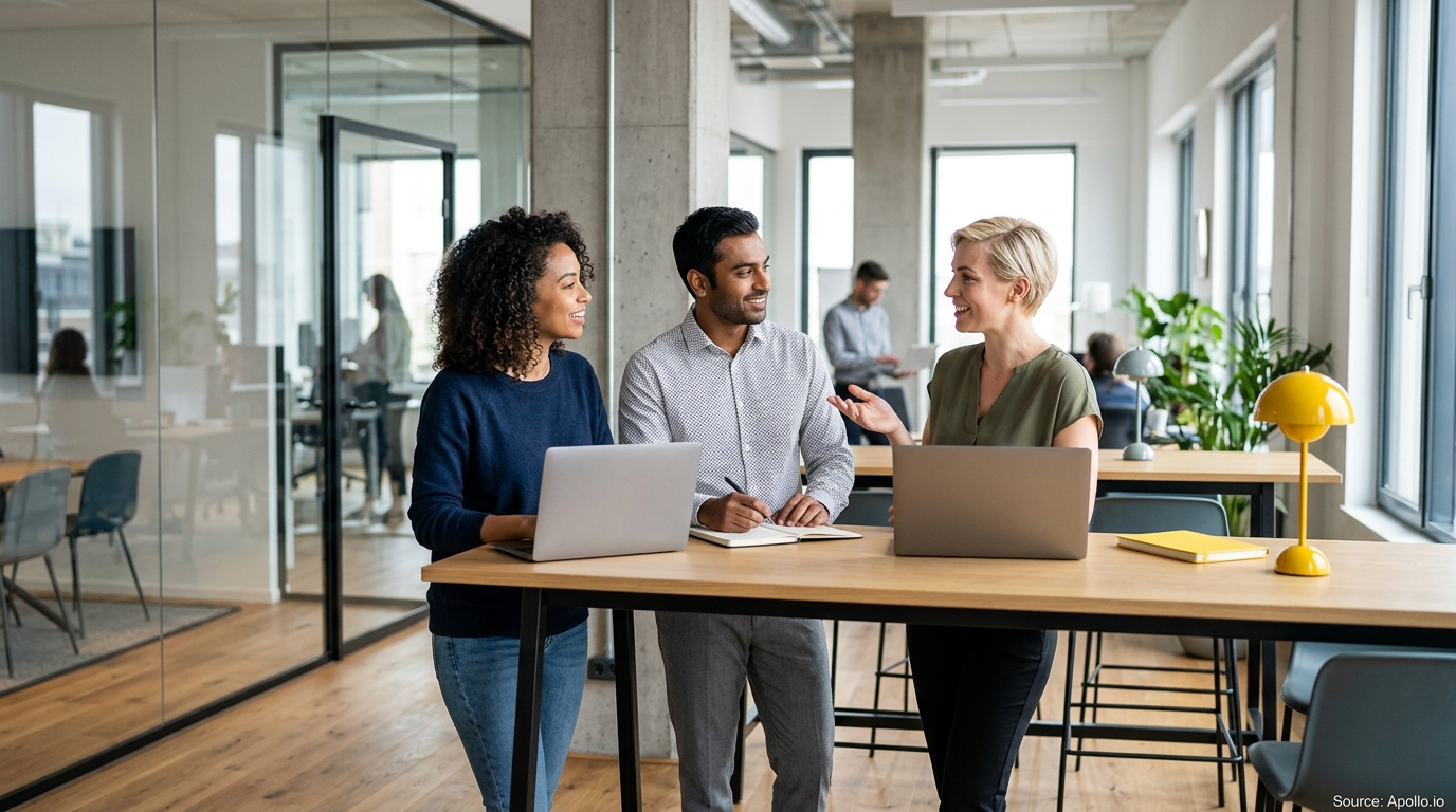 Three diverse professionals collaborate at a standing desk with laptops and a notebook in a modern office.