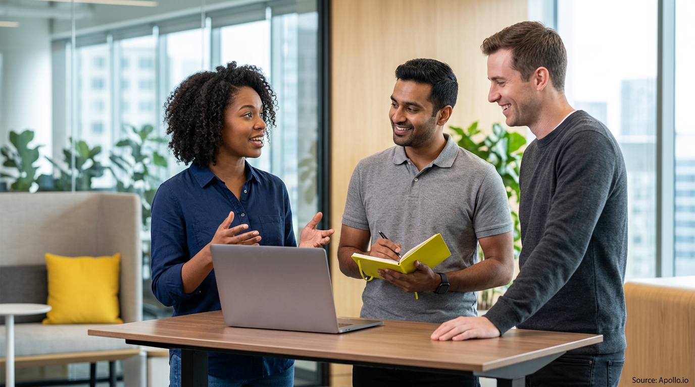 Three professionals collaborate around a laptop and notebook at a standing desk in a modern office.