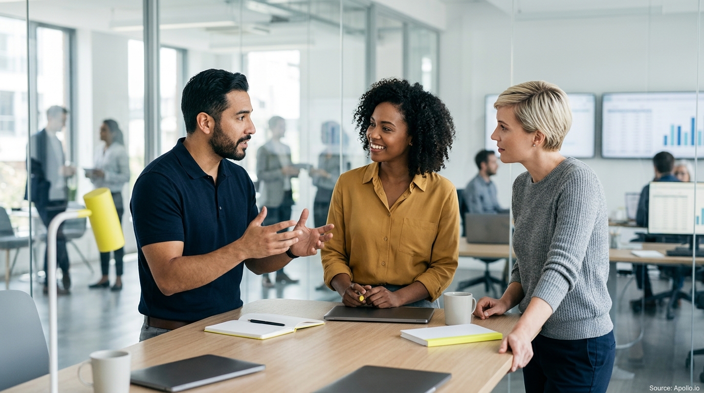 Three professionals collaborate and discuss ideas around a table in a bright, modern open-plan office.