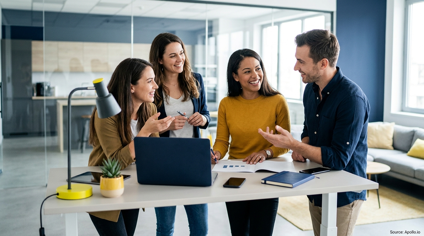 Four diverse professionals collaborate around a laptop at a high table in a bright, modern office.
