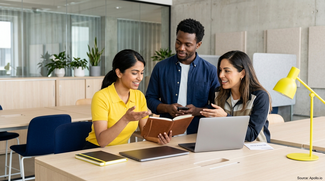 Three diverse colleagues collaborate using a laptop and notebook in a bright, modern office.