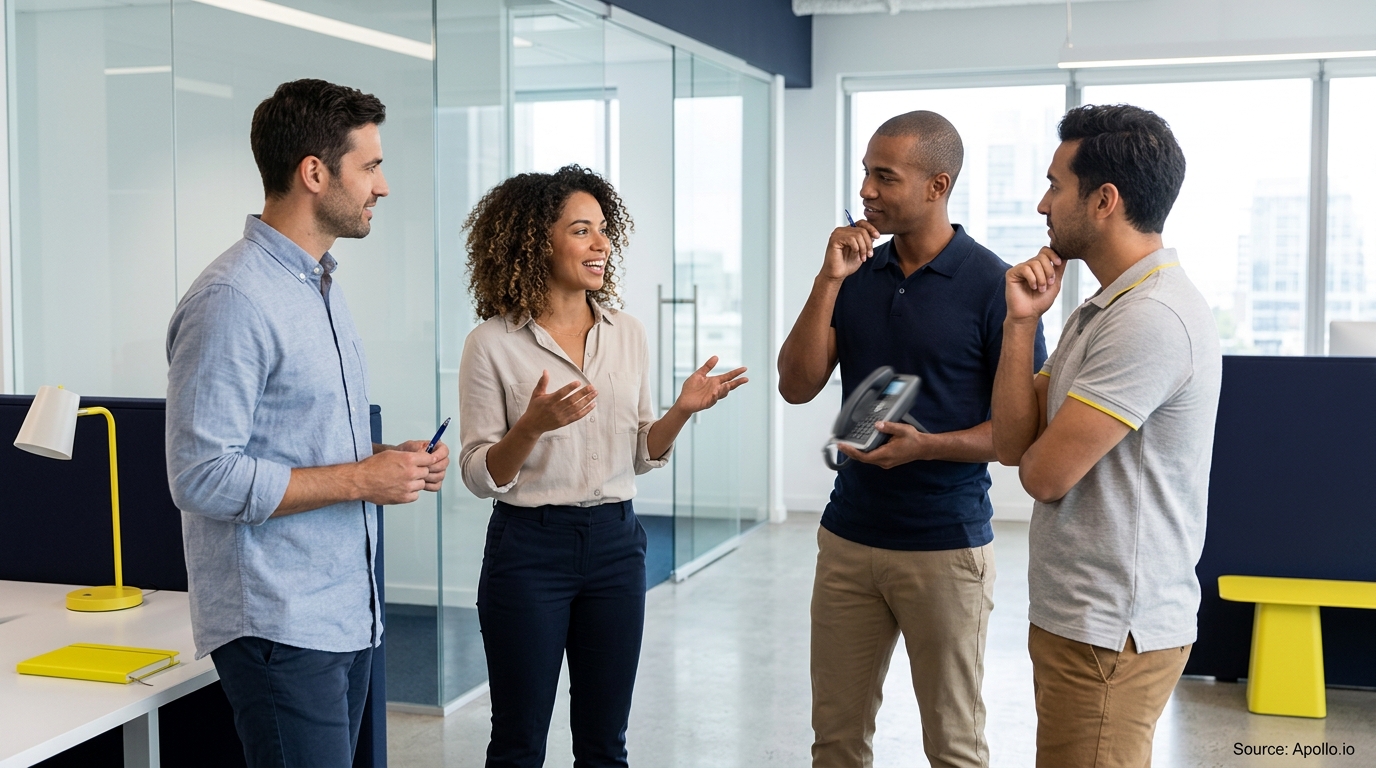 Four professionals stand in a modern office talking while one man holds a corded desk phone.
