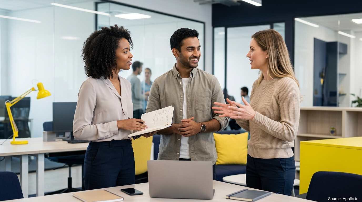 Three professionals stand around a desk in a modern office, discussing work while one person holds a notebook.