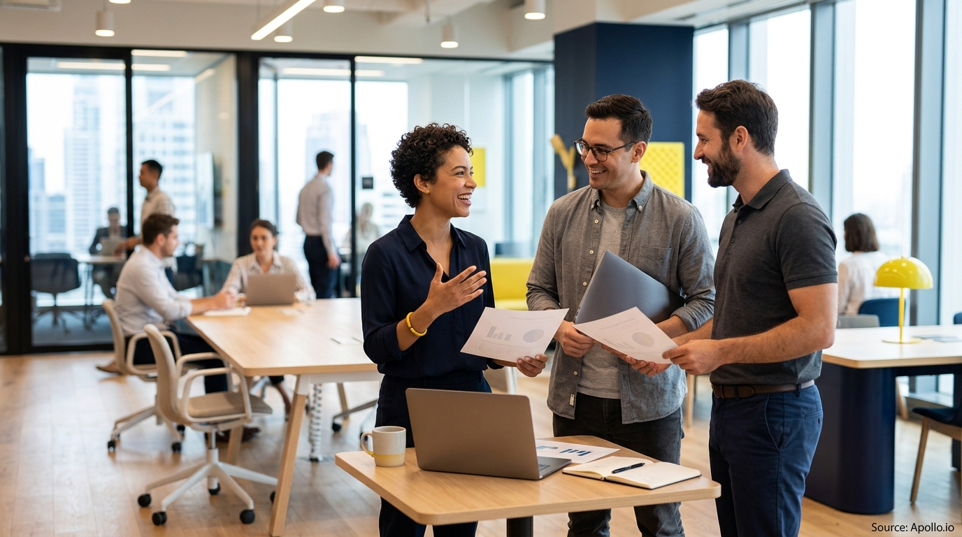Three professionals collaborate over documents at a high table in a bright, modern open-plan office.