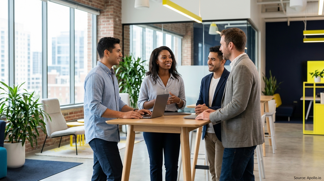 Four professionals collaborate around a high table with laptops in a bright, modern office.