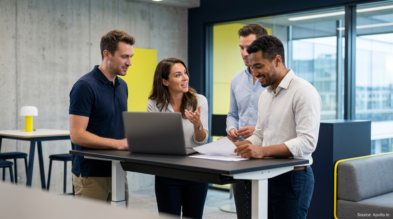 Four professionals collaborate around a laptop and documents at a standing desk in a modern office.