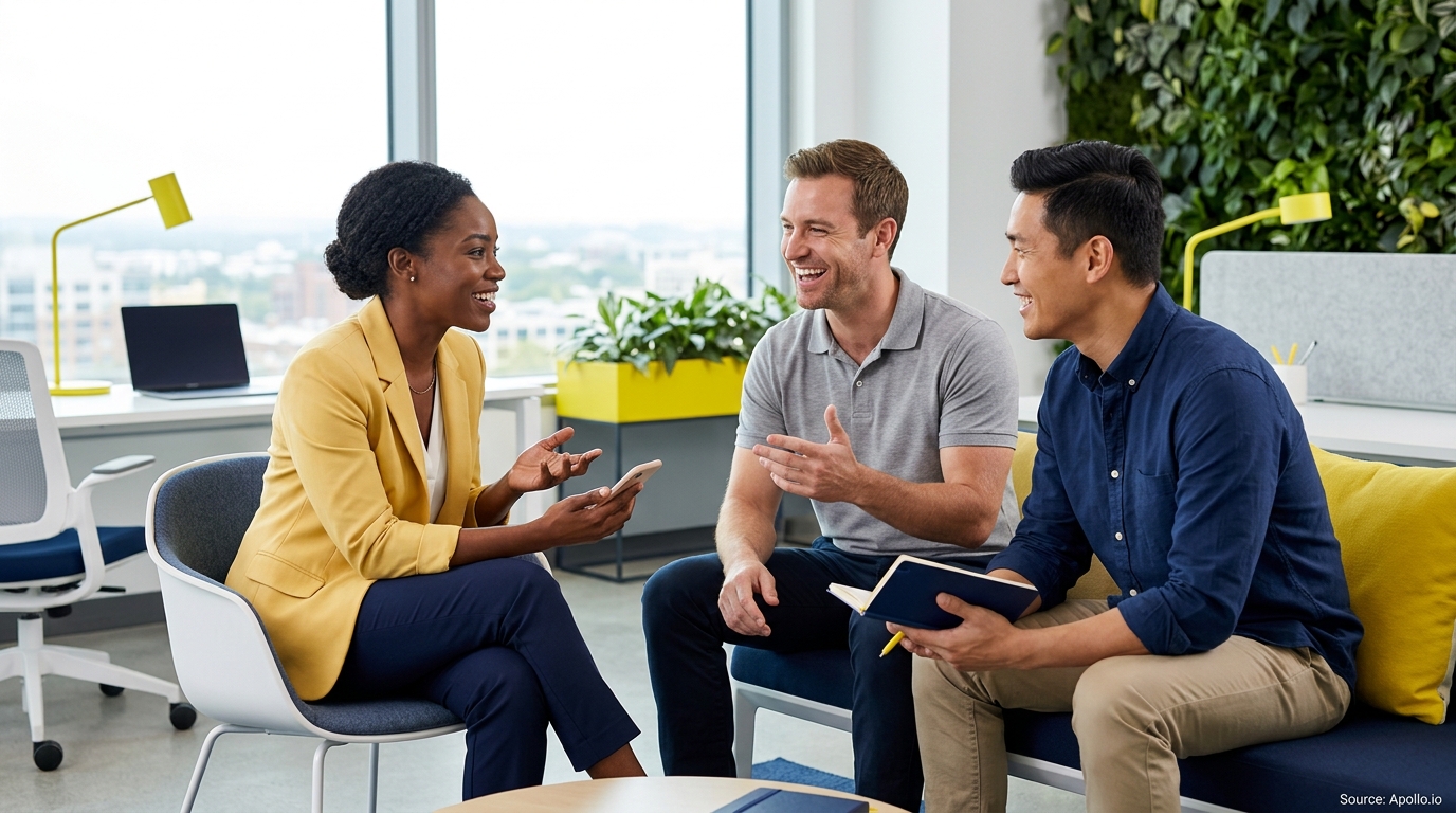 Three professionals smile and converse in a bright, modern office while holding a smartphone and a notebook.