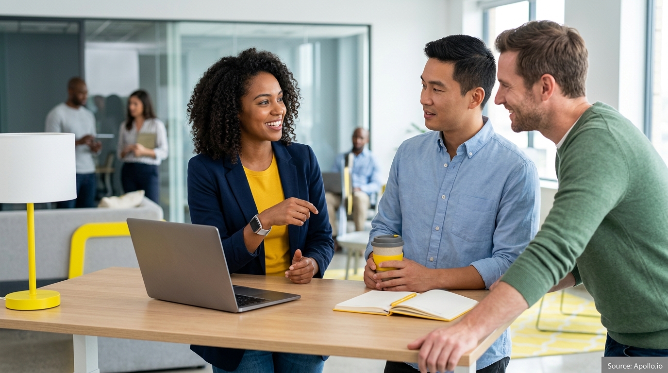 Three professionals collaborate around a laptop at a desk in a bright, modern open-plan office.