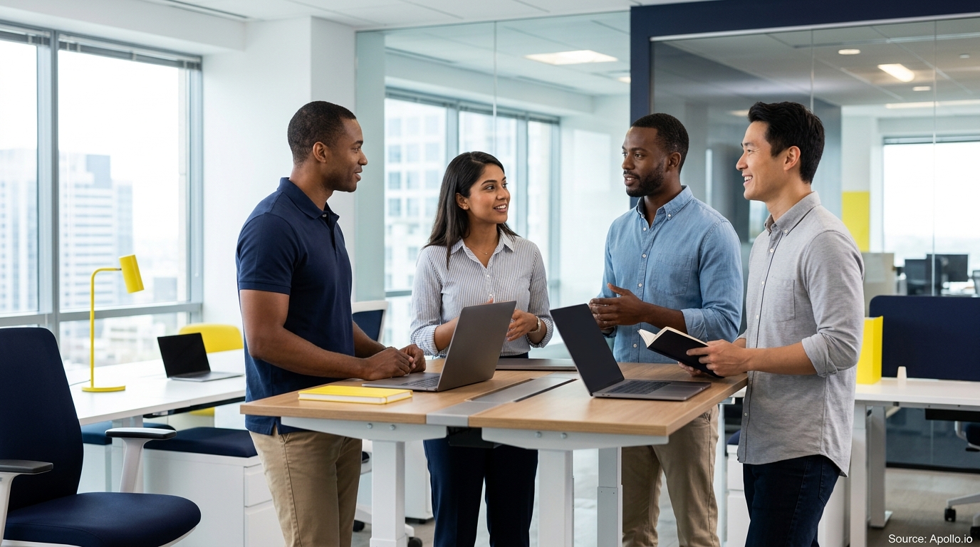 Four diverse professionals collaborate around a modern standing desk with laptops in a bright, open-plan office.