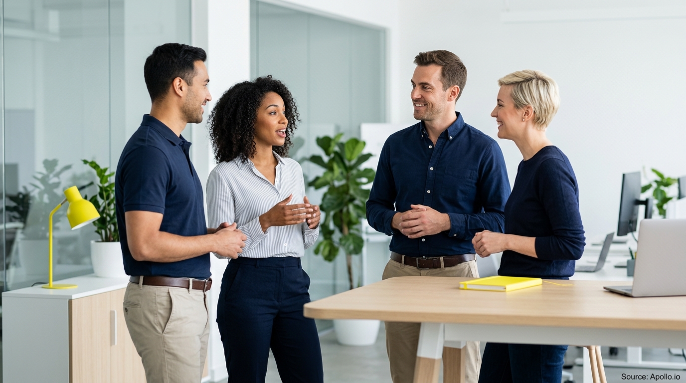 Four professionals stand in a bright, modern office, engaged in a collaborative conversation.
