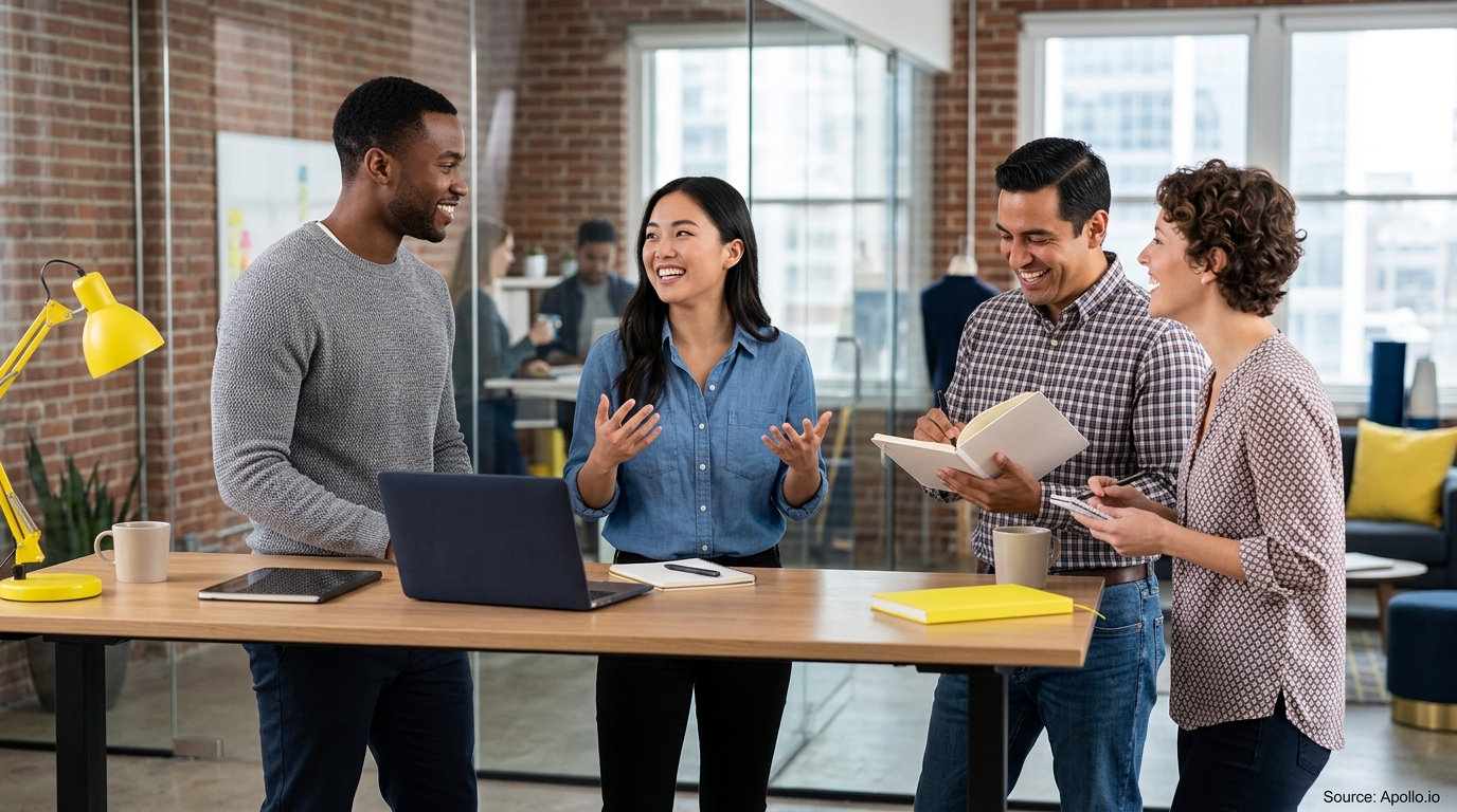 Four diverse professionals collaborate and take notes around a high wooden table in a modern office setting.