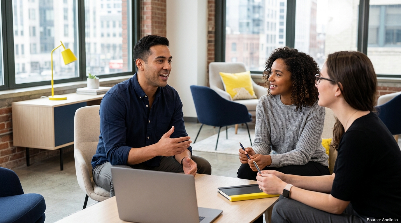 Three professionals engage in a collaborative discussion around a table in a bright, modern office setting.