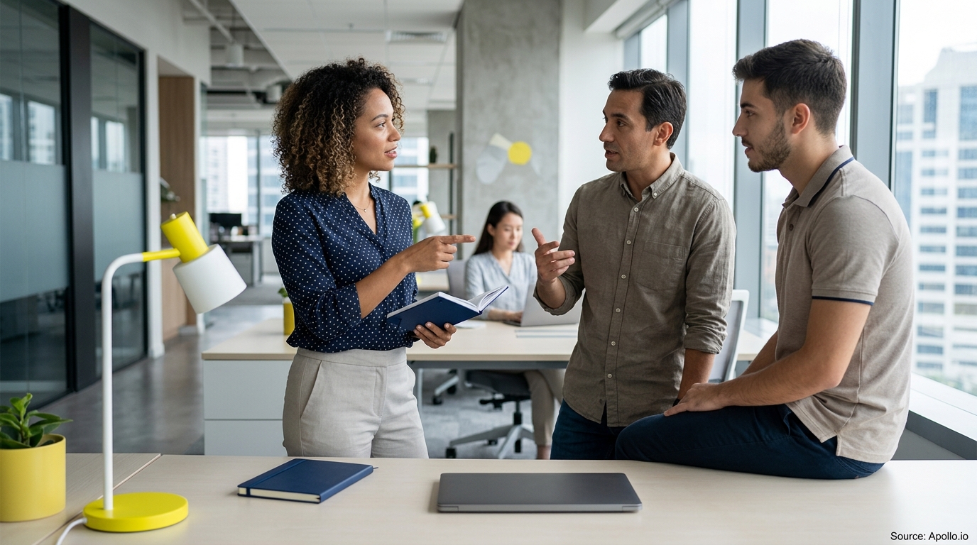 Three professionals engage in a discussion in a modern office while a coworker works in the background.