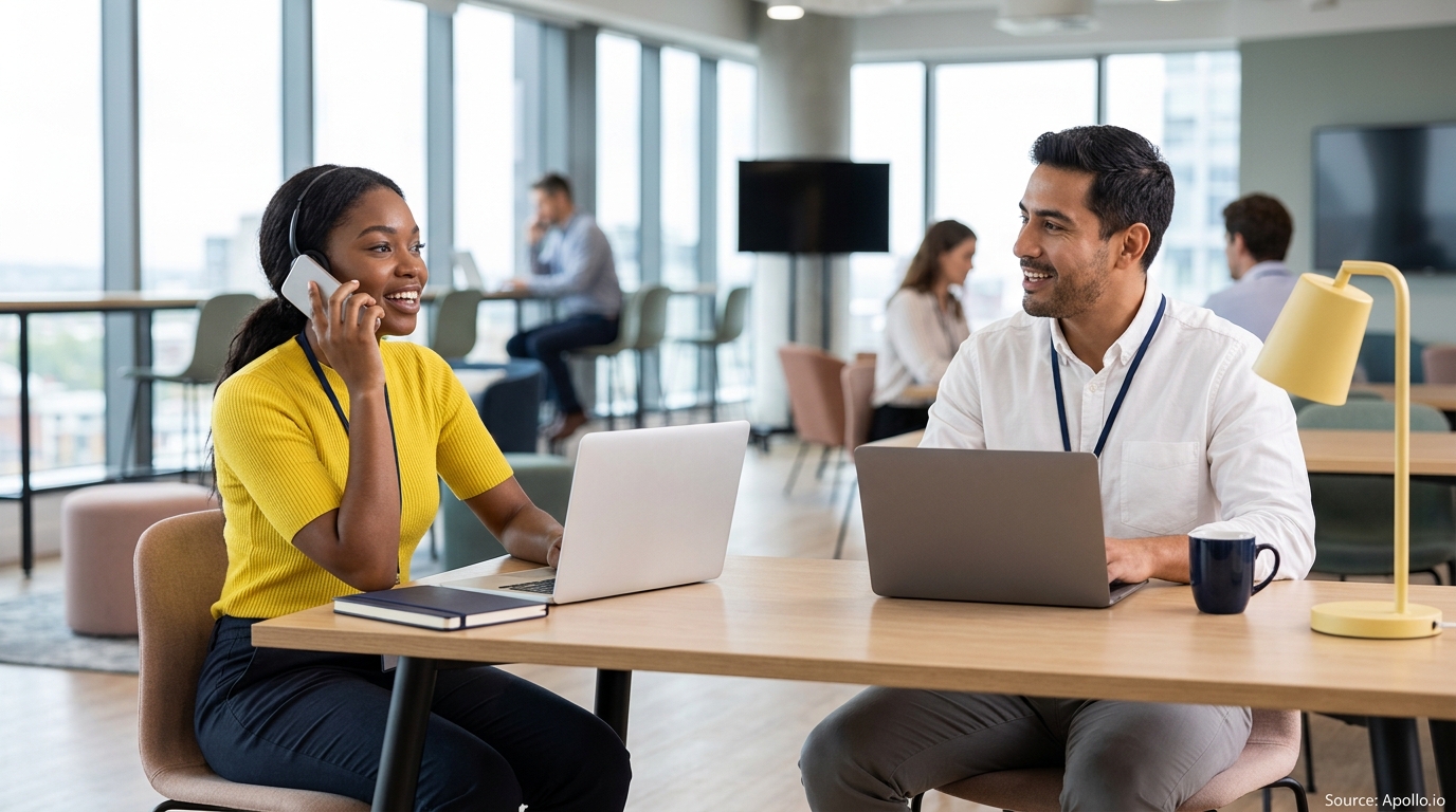 Five professionals work and communicate in a bright, modern open-office space using laptops and a phone.