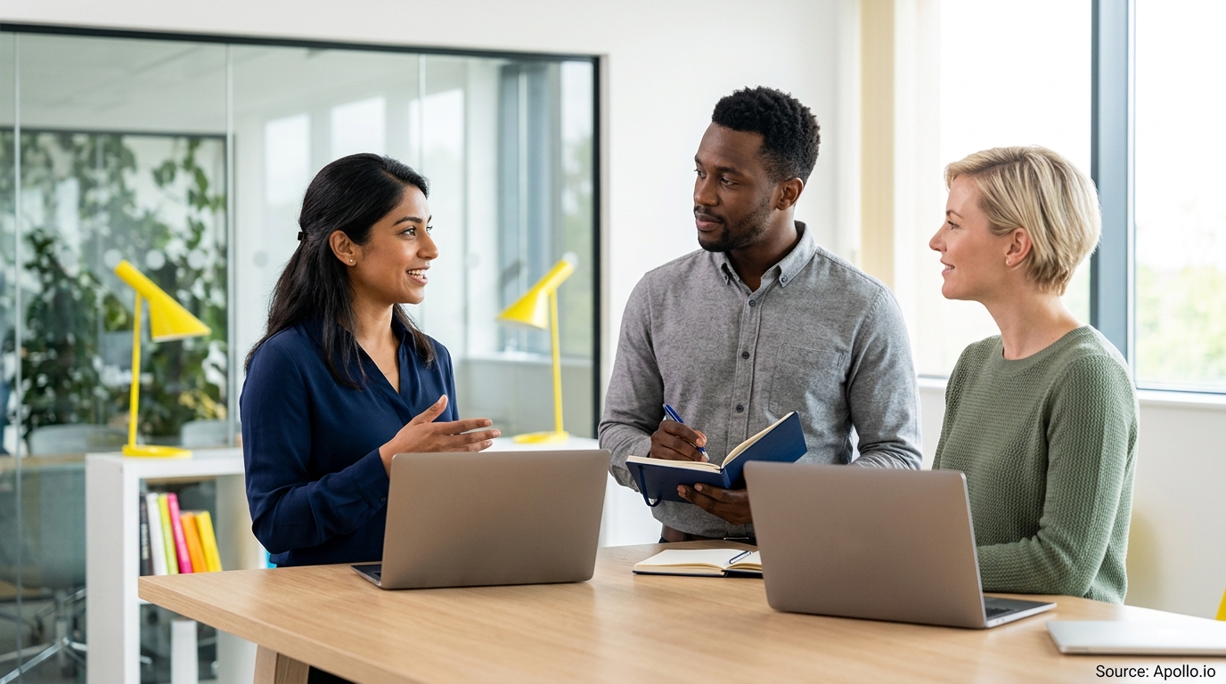 Three diverse professionals collaborate around a wooden table with laptops in a bright, modern office.