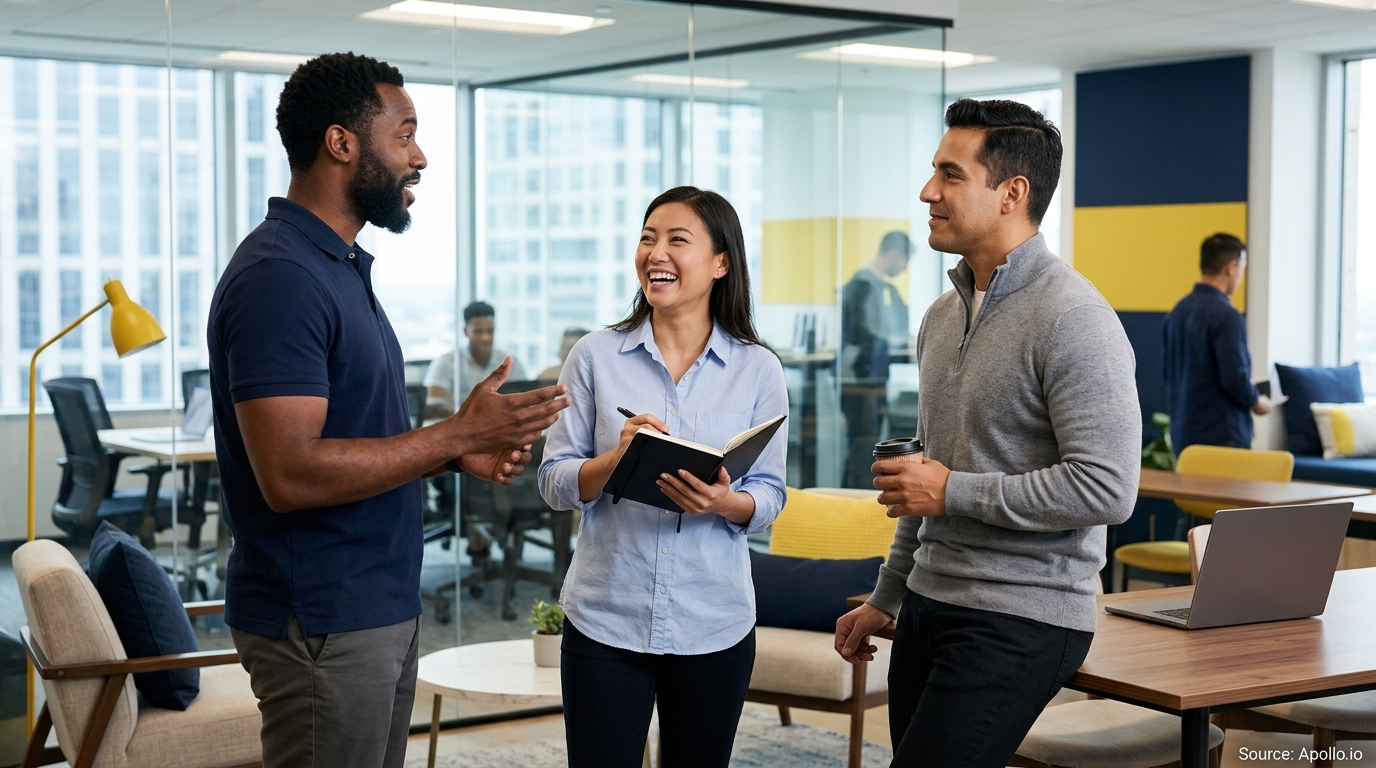 Three diverse professionals engage in a friendly conversation in a bright, modern office space.