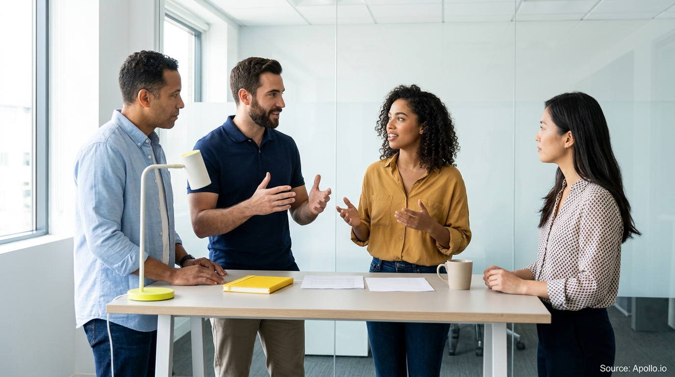 Four diverse professionals collaborate and gesture around a standing desk in a bright, contemporary office.