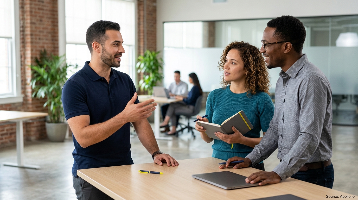 Three professionals discuss work around a high table in a bright, modern office.