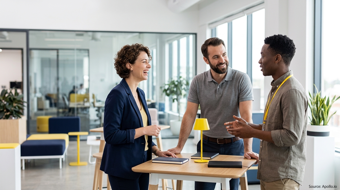 Three professionals talk and smile around a high table in a bright, modern office setting.