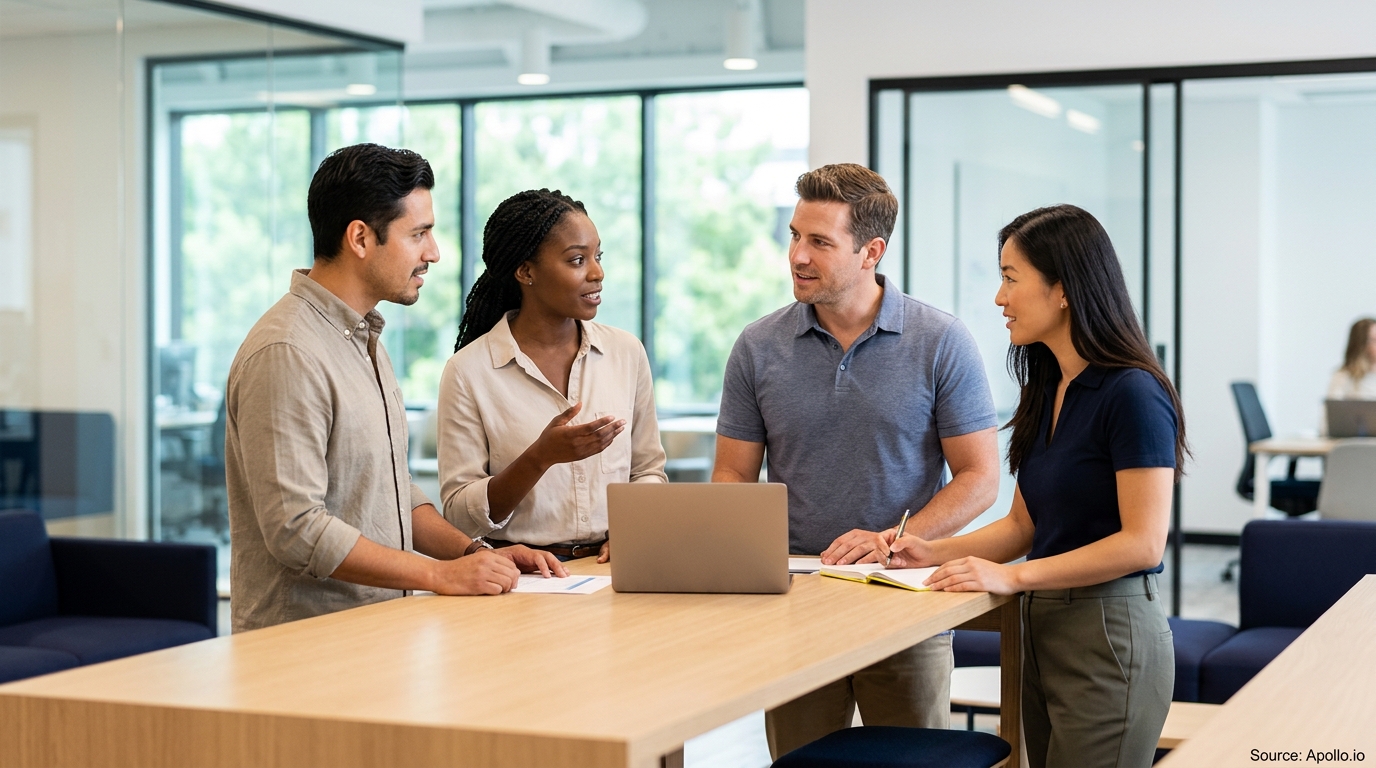 Four diverse professionals collaborate around a laptop and notebook at a high table in a modern office.