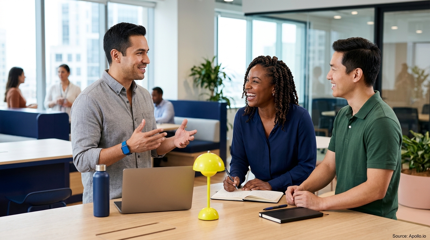 Three diverse colleagues collaborate and laugh at a modern office table with a laptop and notebooks.