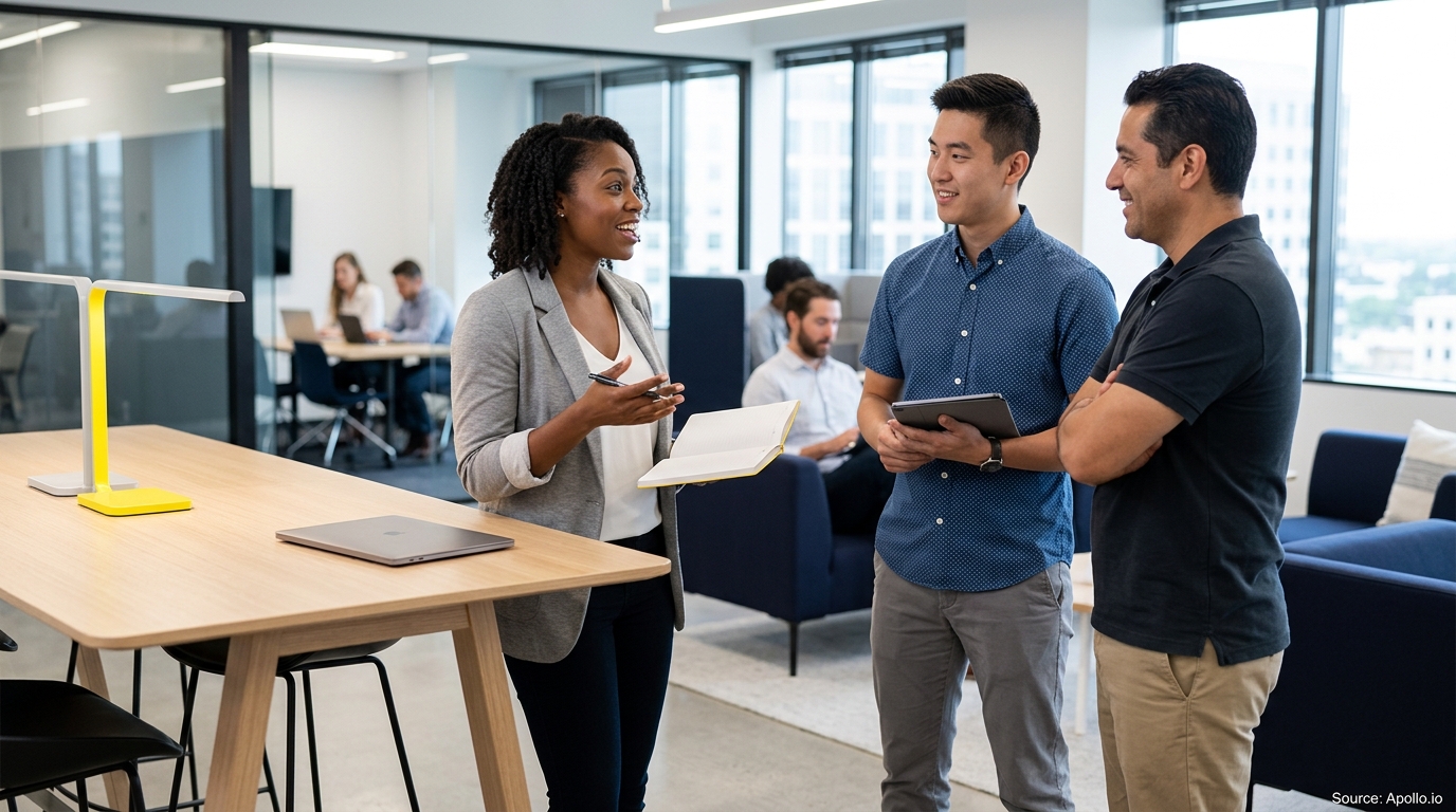 Three professionals discuss ideas while standing in a bright, modern open-plan office.