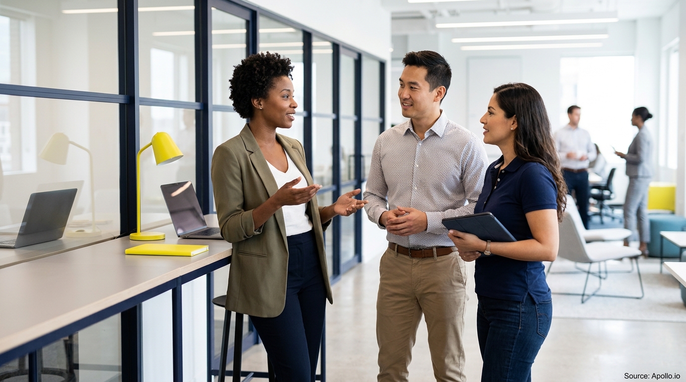 Three diverse professionals discuss work in a bright, modern open-plan office with glass partitions.