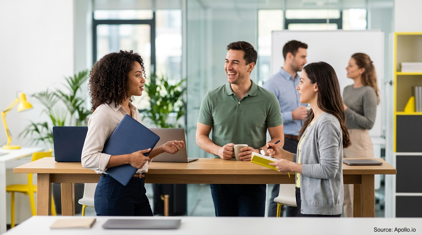Five diverse professionals converse and laugh around a wooden table in a bright, modern office.