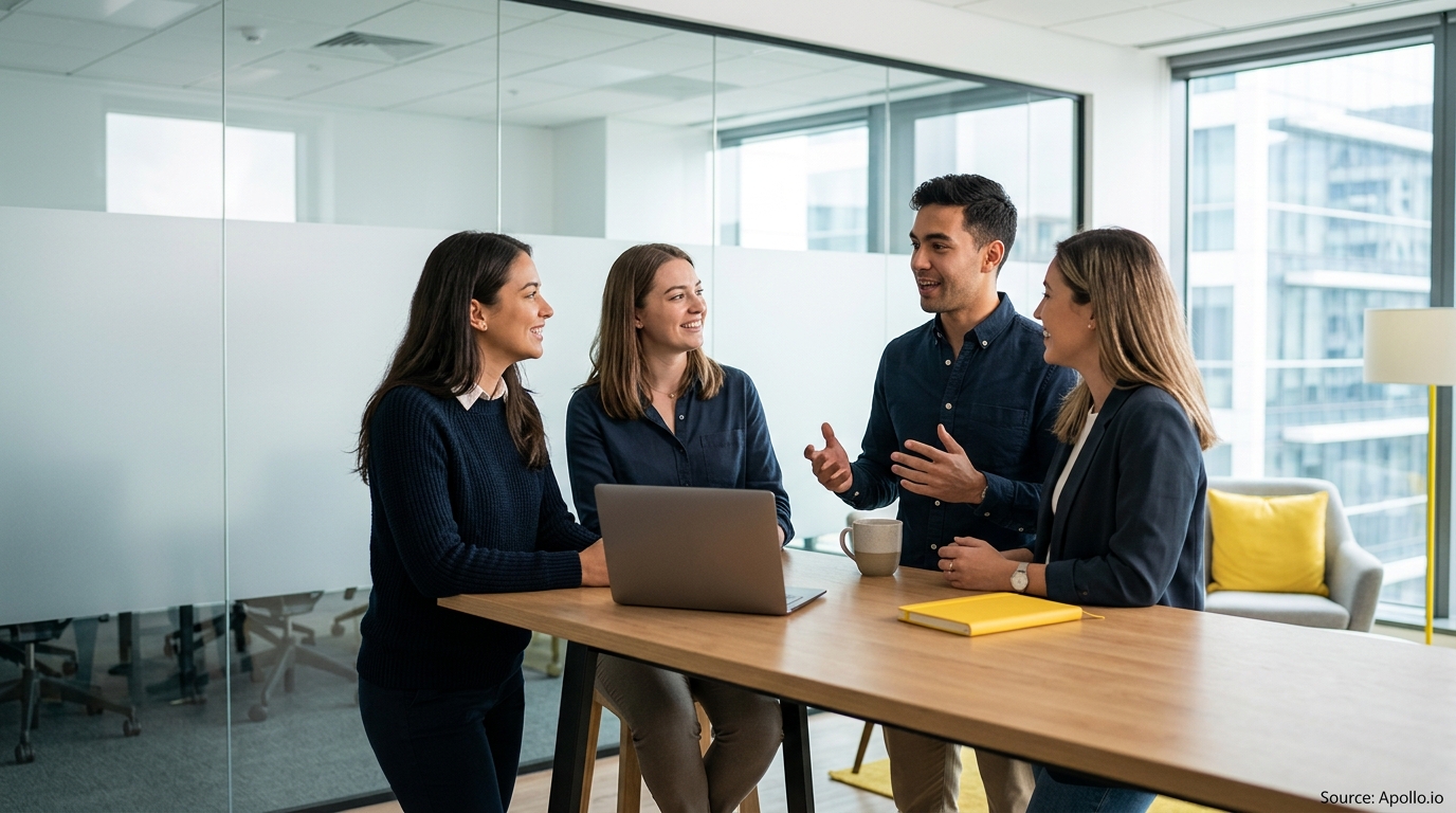 Four professionals talk around a wooden table with a laptop in a modern office with glass walls.