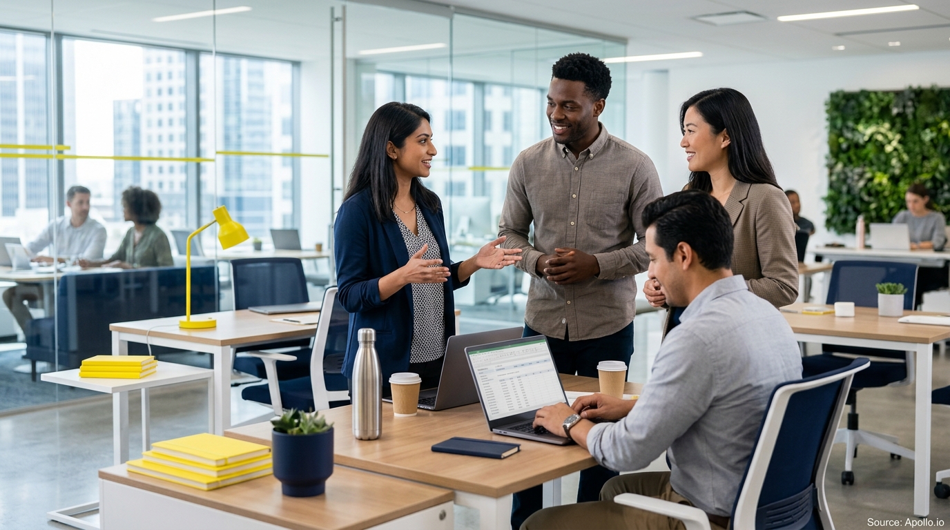 Four diverse professionals collaborate around a laptop in a bright, modern open-plan office.
